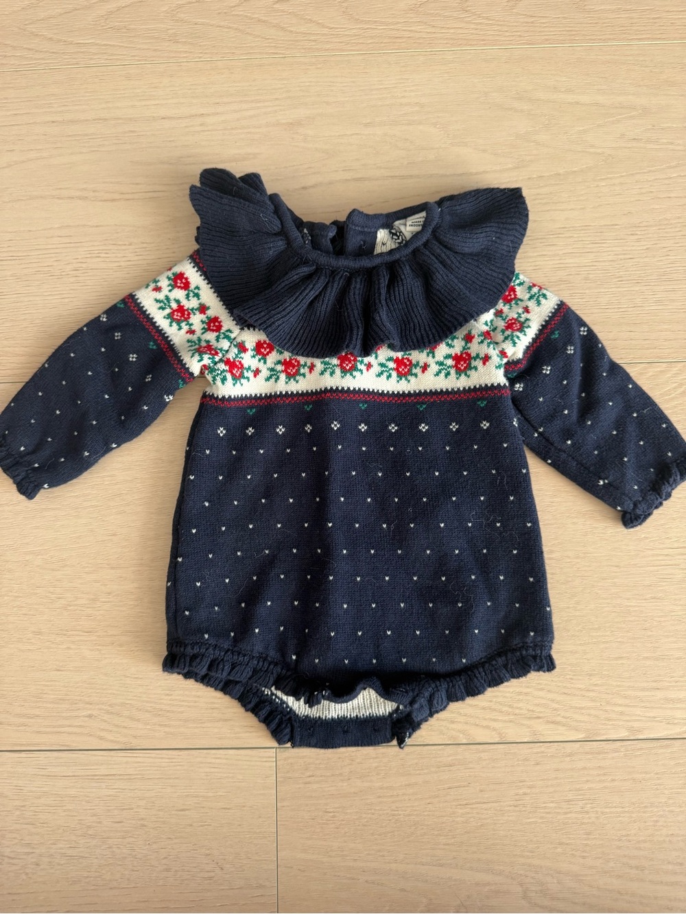 Janie and Jack Navy Blue Knit Baby One-Piece Red & Green Floral | 3-6 months